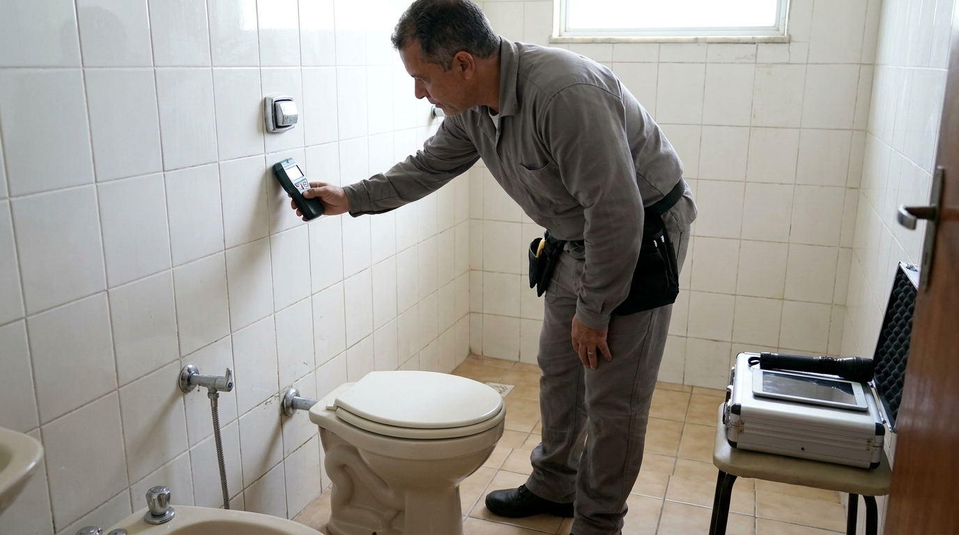 Técnico de caça vazamento analisando tubulação em Campos dos Goytacazes‑RJ