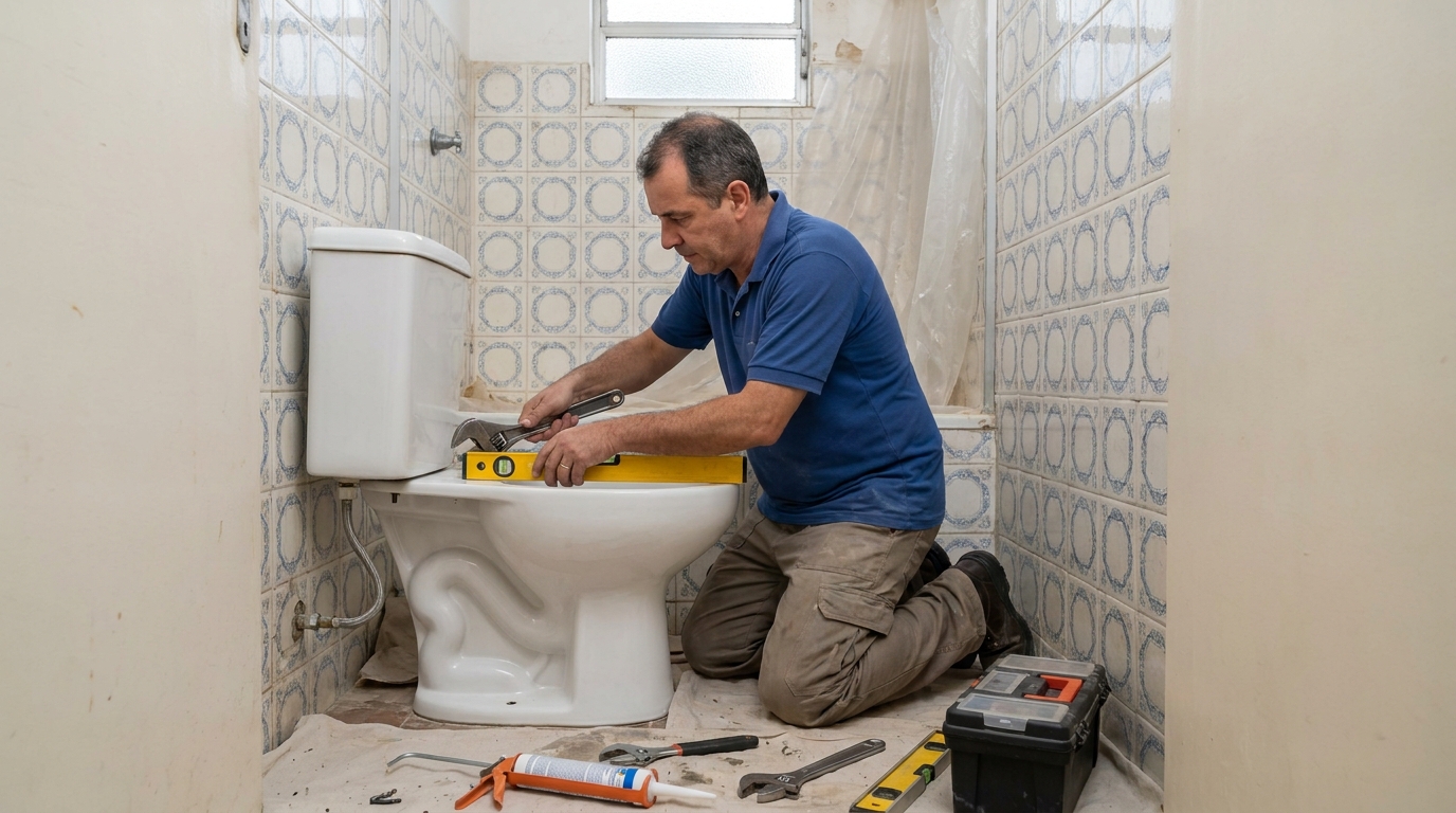 Técnico instalando vaso sanitário em Campos dos Goytacazes‑RJ